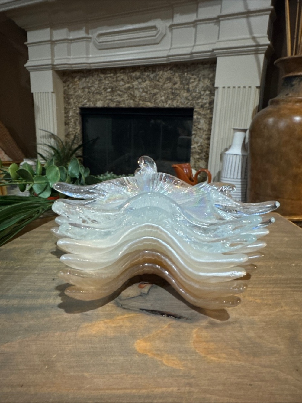6 Collectable Art Glass Water Splash Six Point Iridescent Trinket Dishes